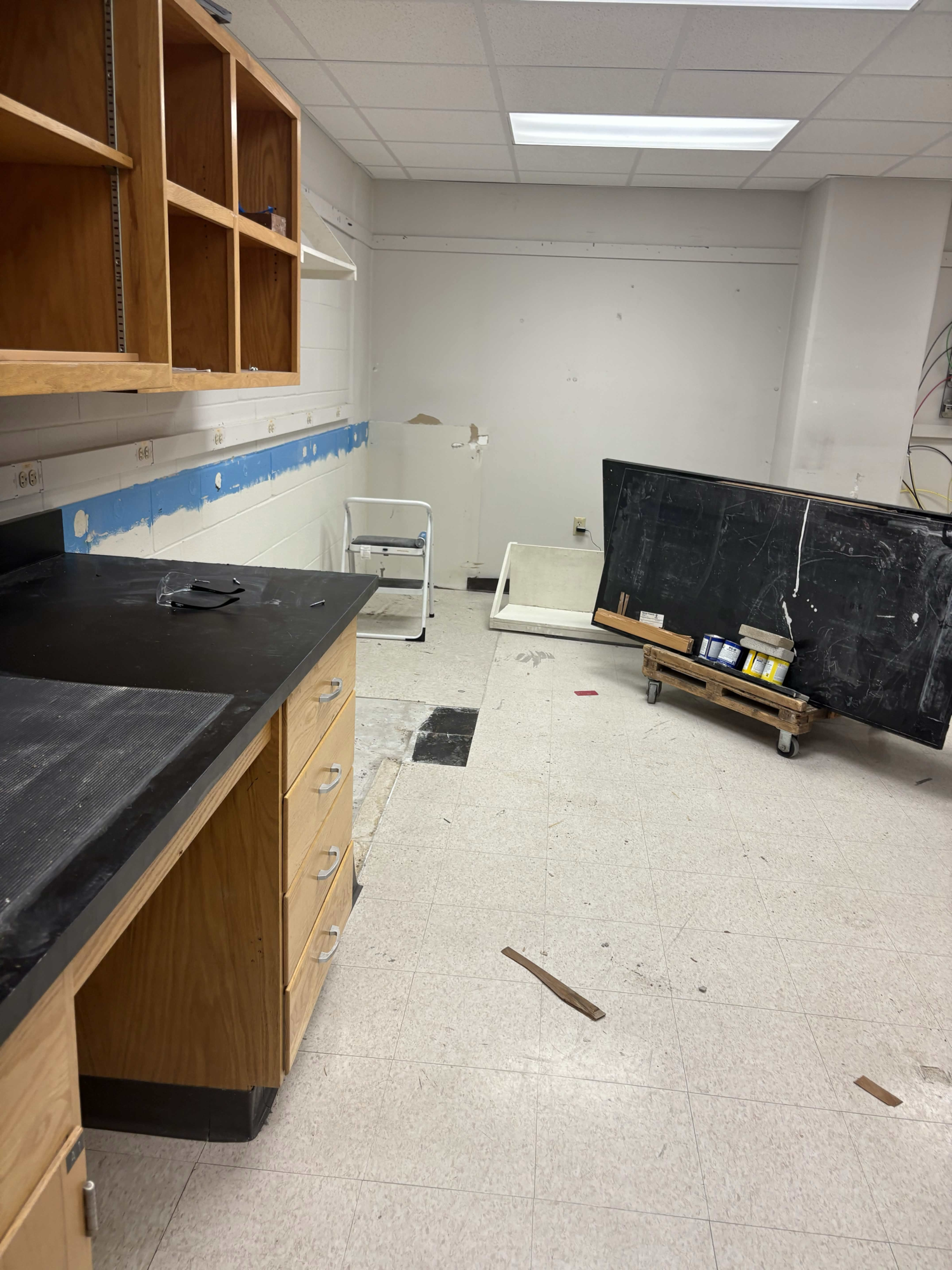 Lab bench and chalkboard during setup